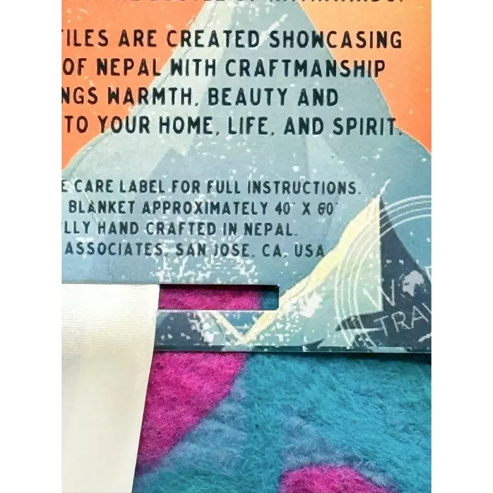 World Traveler Collection Felted Wool Blanket 40x60 Teal Pink Yellow Leaf Nepal